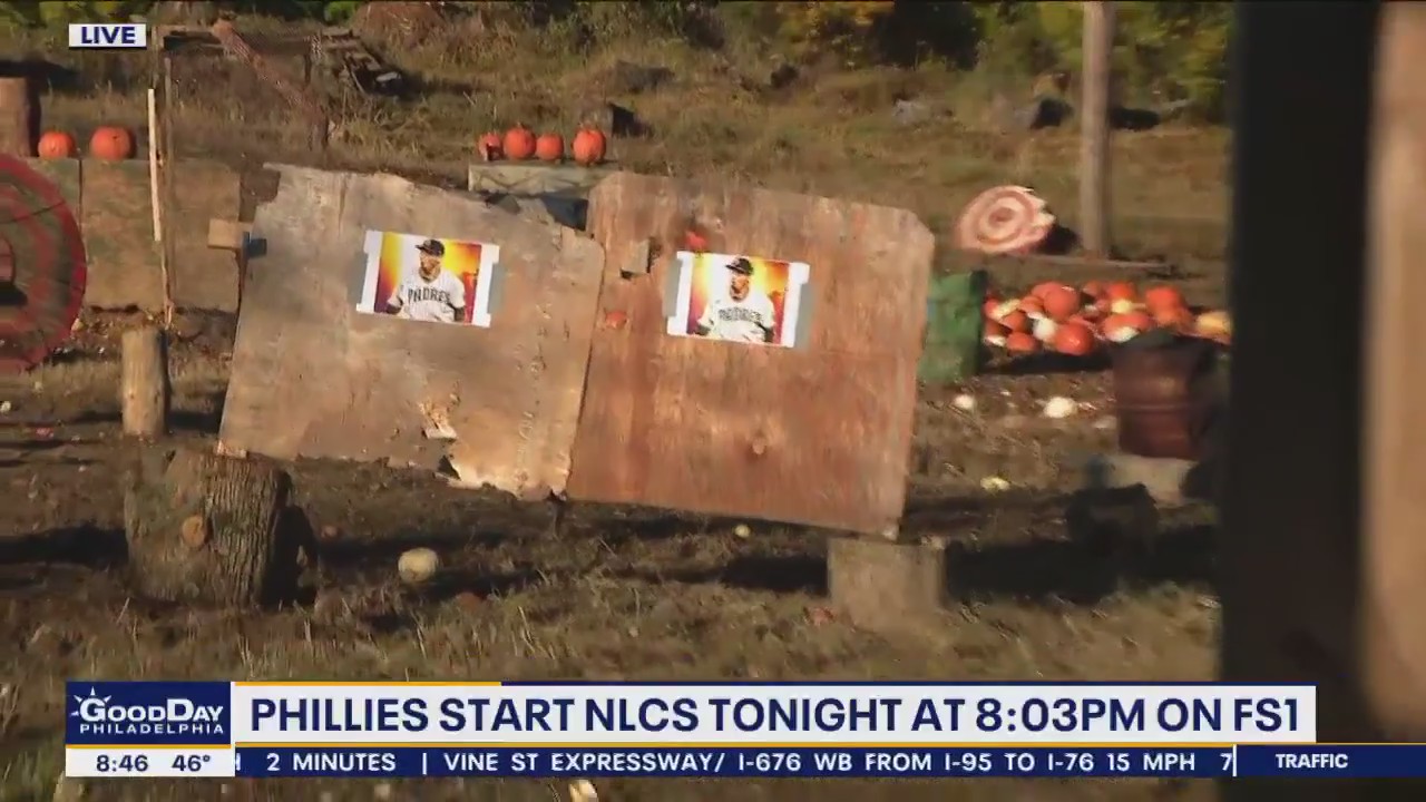 Padres pitcher Blake Snell becomes the target of some apple-launching fun at a Delaware County farm