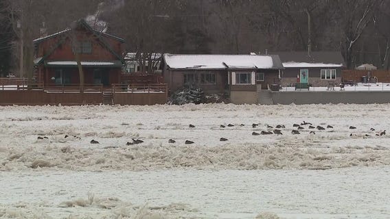 Ice jam floods roads in Wilmington, Illinois
