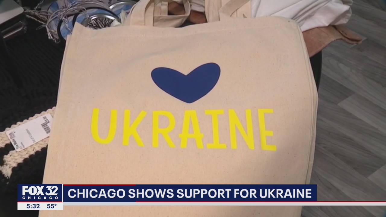 Chicago business owner selling blue and yellow shirts, tote bags in support of Ukraine