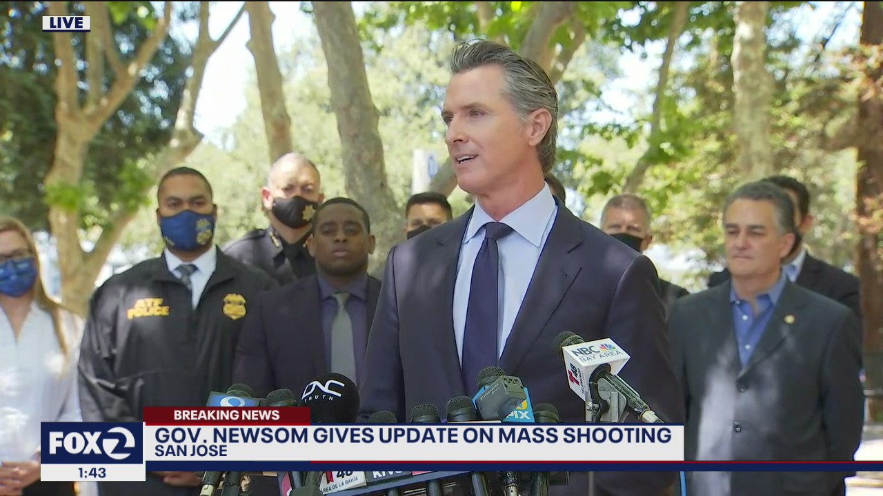 Newsom speaks at scene of VTA mass shooting: "What the hell is going on in the United States of America"