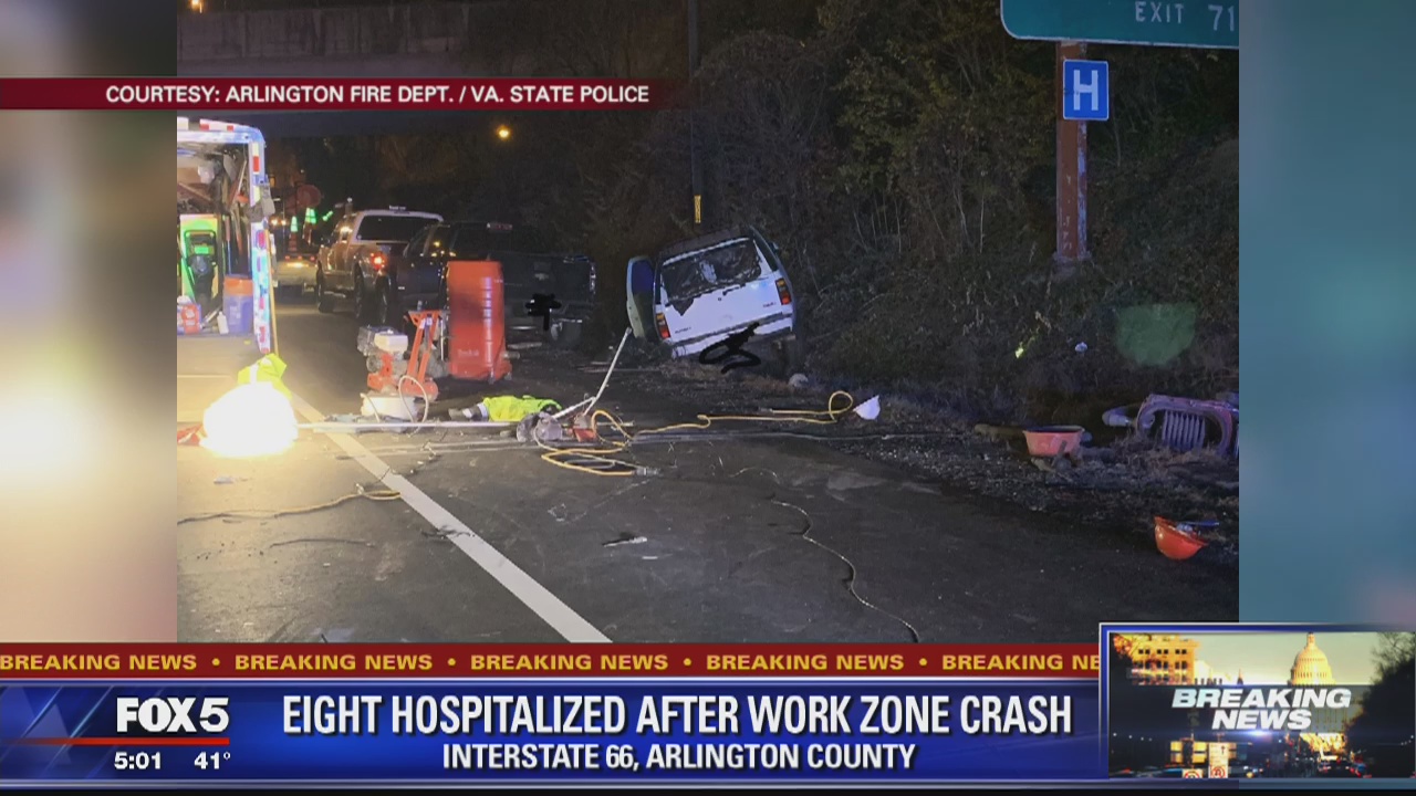 Police say 8 injured after DUI driver strikes construction workers on Interstate 66 in Arlington County