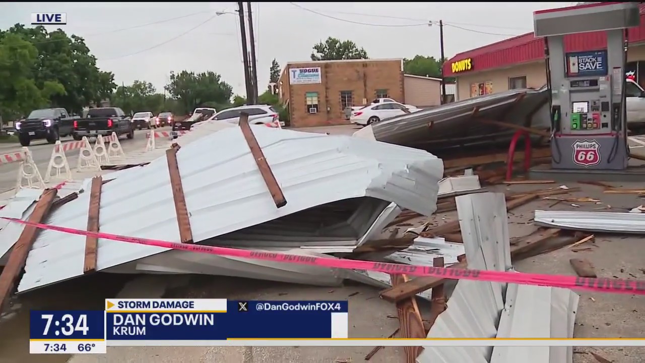 Metal roof blows 400 feet away amidst storms in Denton