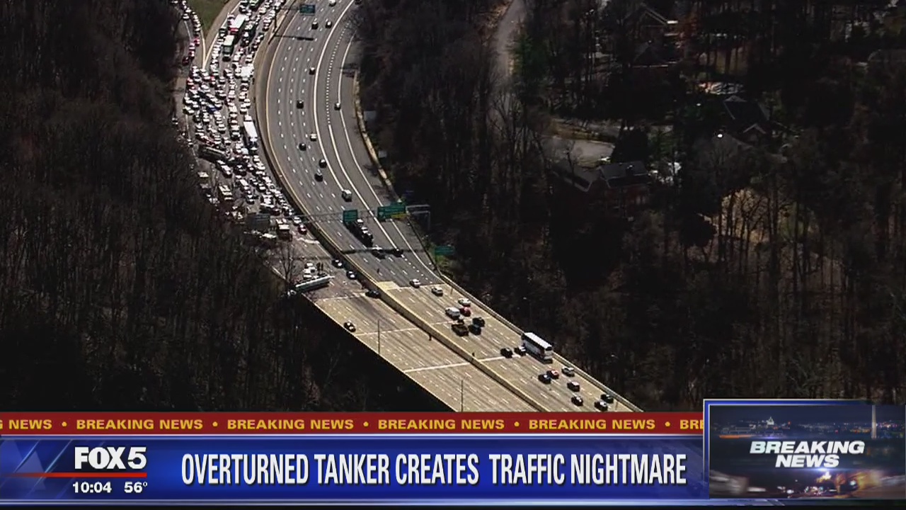 Overturned tanker creates traffic nightmare