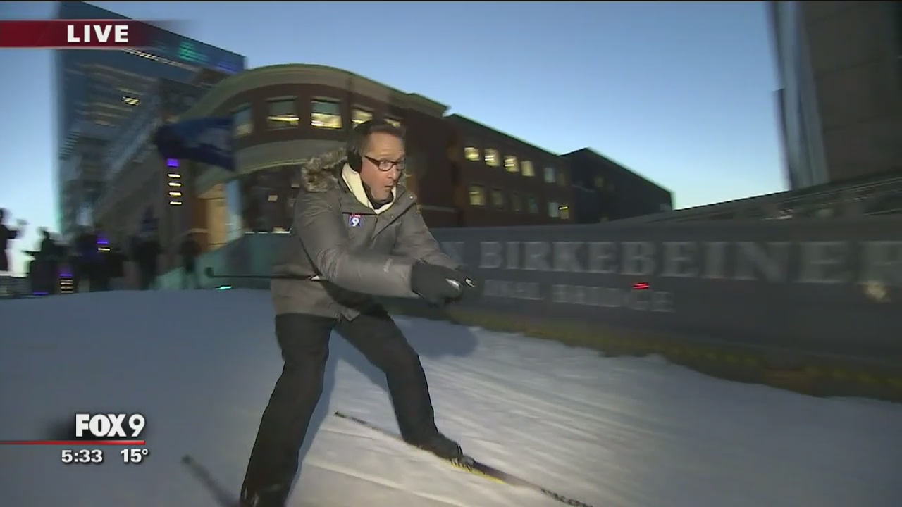 Fox 9's Ian Leonard skis down Birkie Bridge at Super Bowl LIVE