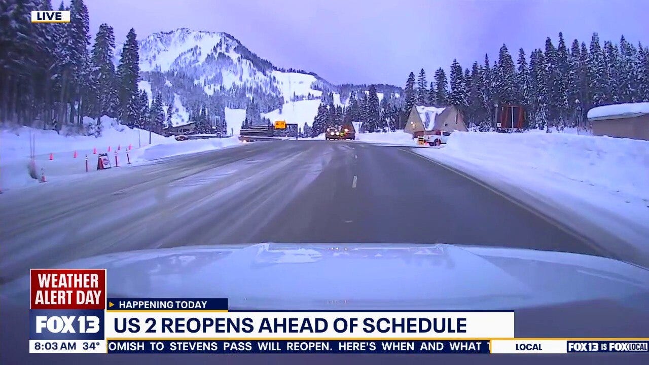 US 2 reopens ahead of schedule from Skykomish, WA to Steven Pass Ski Resort