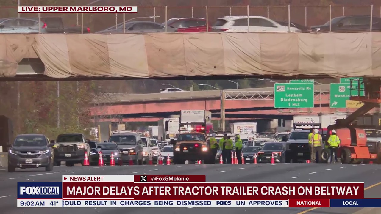 Massive delays after tractor-trailer strikes overpass on I-495 | FOX 5 DC
