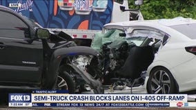 Semi-truck crash blocks lanes on I-405 off-ramp