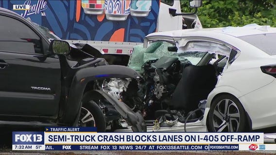 Semi-truck crash blocks lanes on I-405 off-ramp