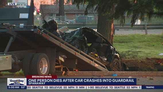 1 killed after car crashes into guardrail in Spanaway