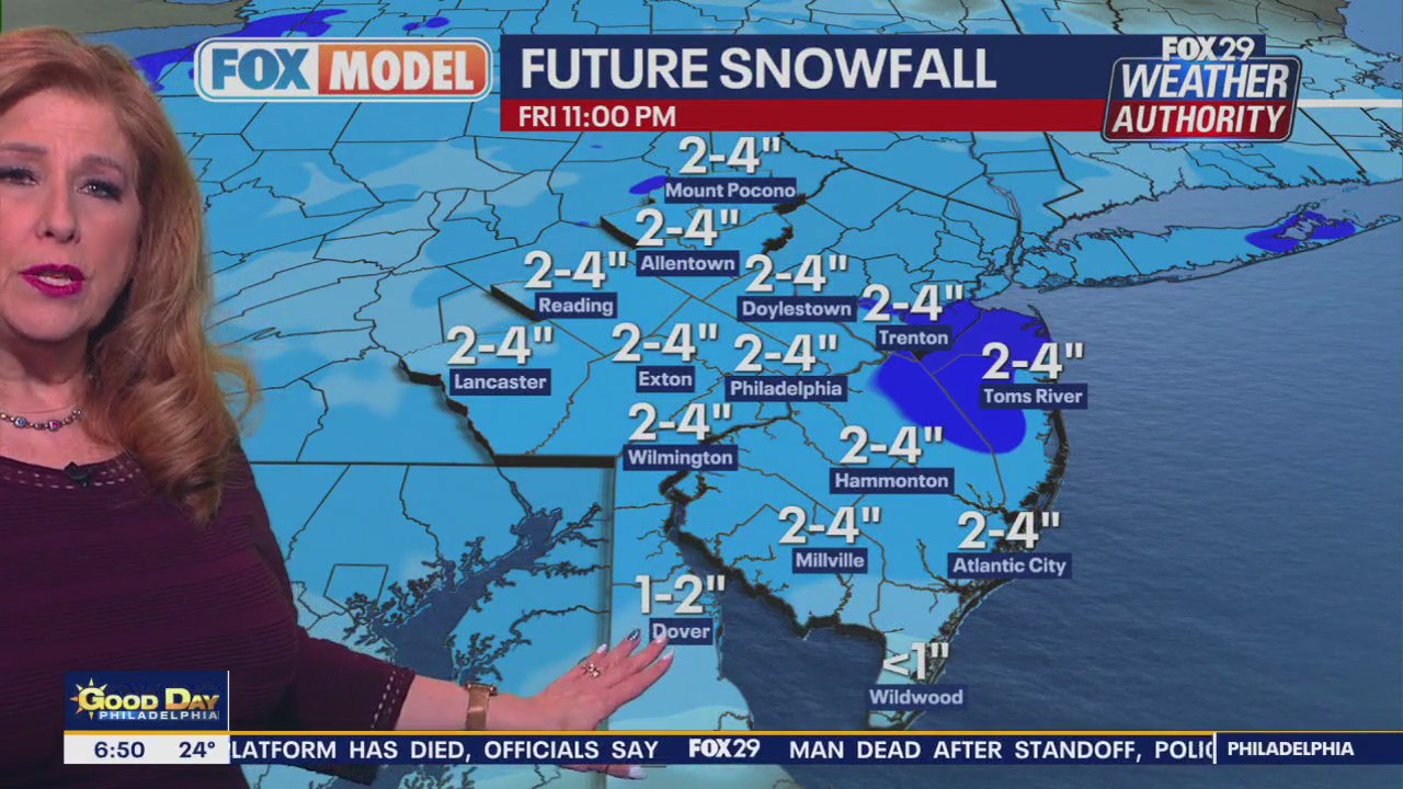 How much snow will the Philadelphia area get Friday?