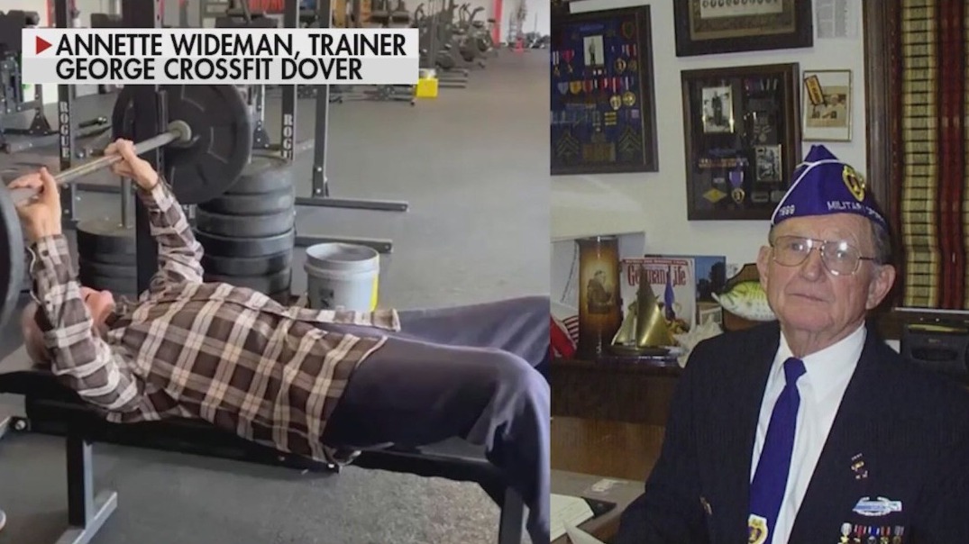 World War II vet working to bench press 100 pounds