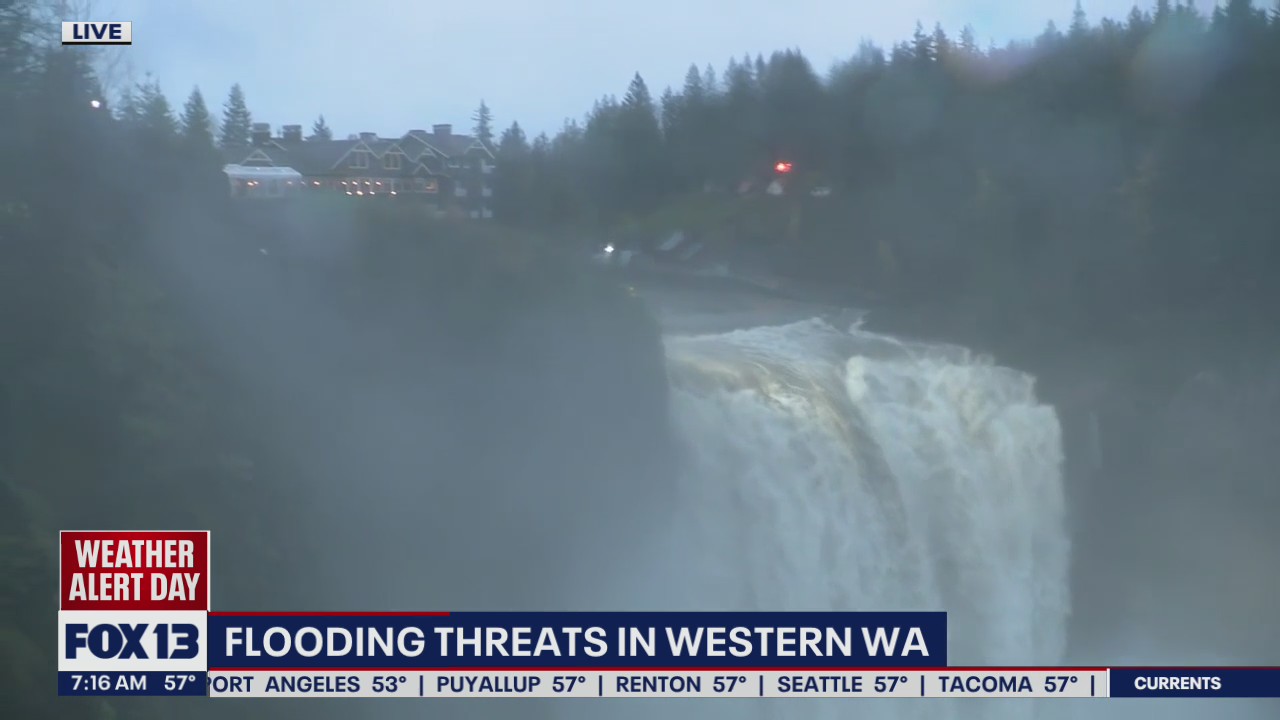 Snoqualmie Falls raging as flooding threats Western Washington