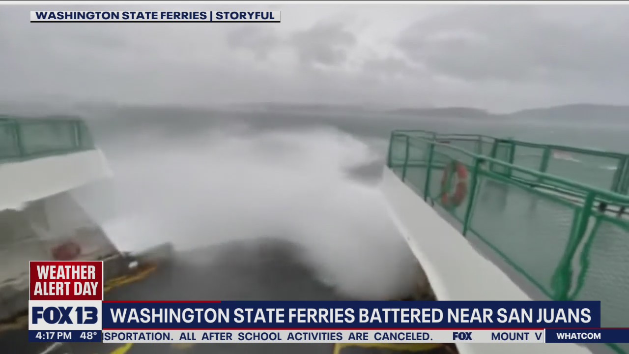 Video shows wind, waves hammer Washington State Ferry