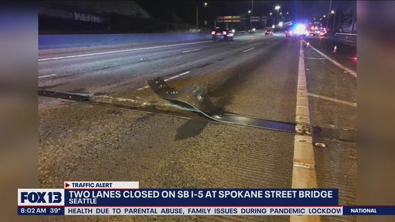 Two lanes closed on Southbound Interstate 5 at Spokane Street Bridge in Seattle, expect traffic