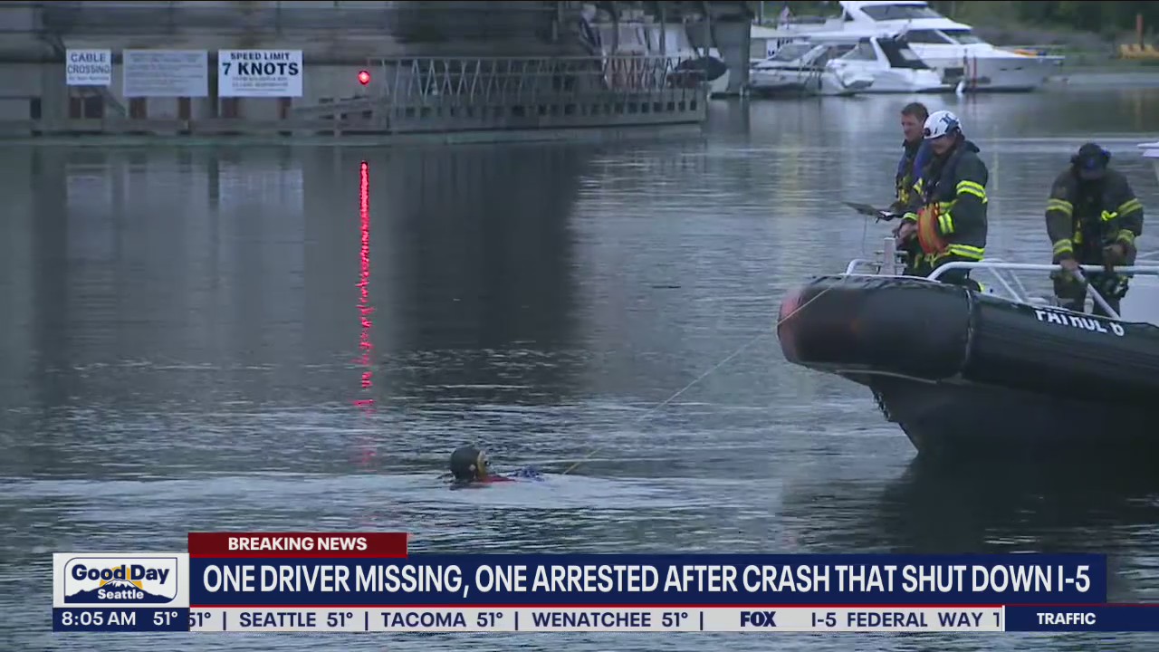 Crash shuts down I-5 in Seattle: Driver suspected of DUI arrested; another driver missing. 8:00 a.m.