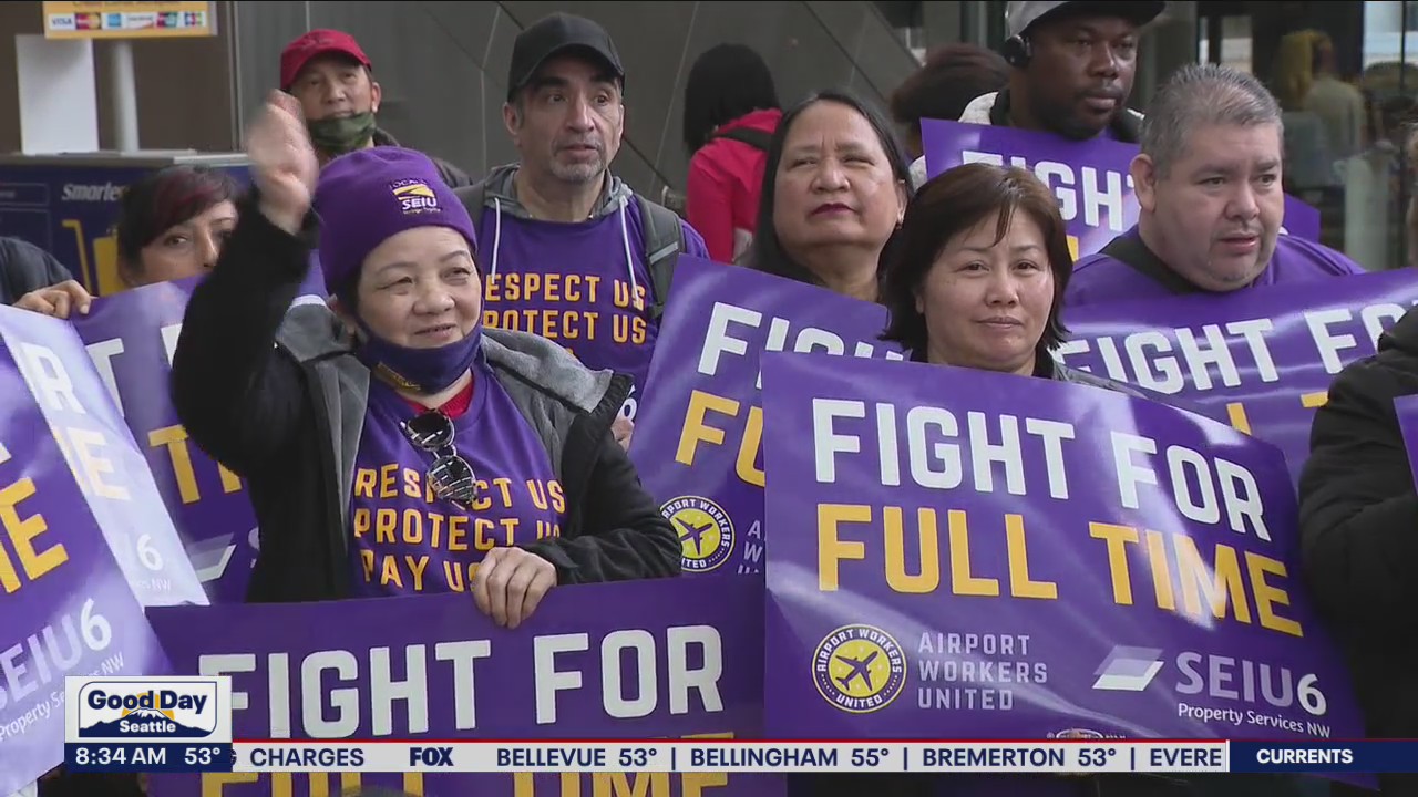 Sea-Tac workers strike, demand better hours