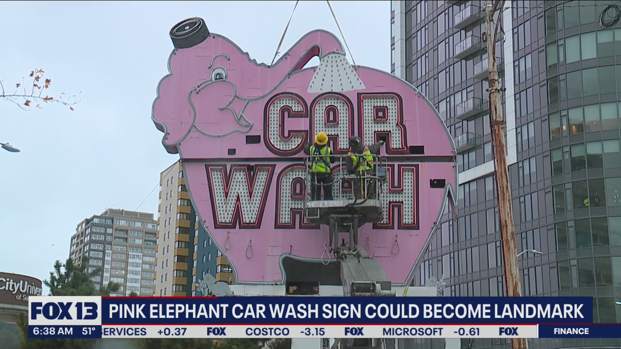 Pink Elephant Car Wash sign could become an official landmark for Seattle