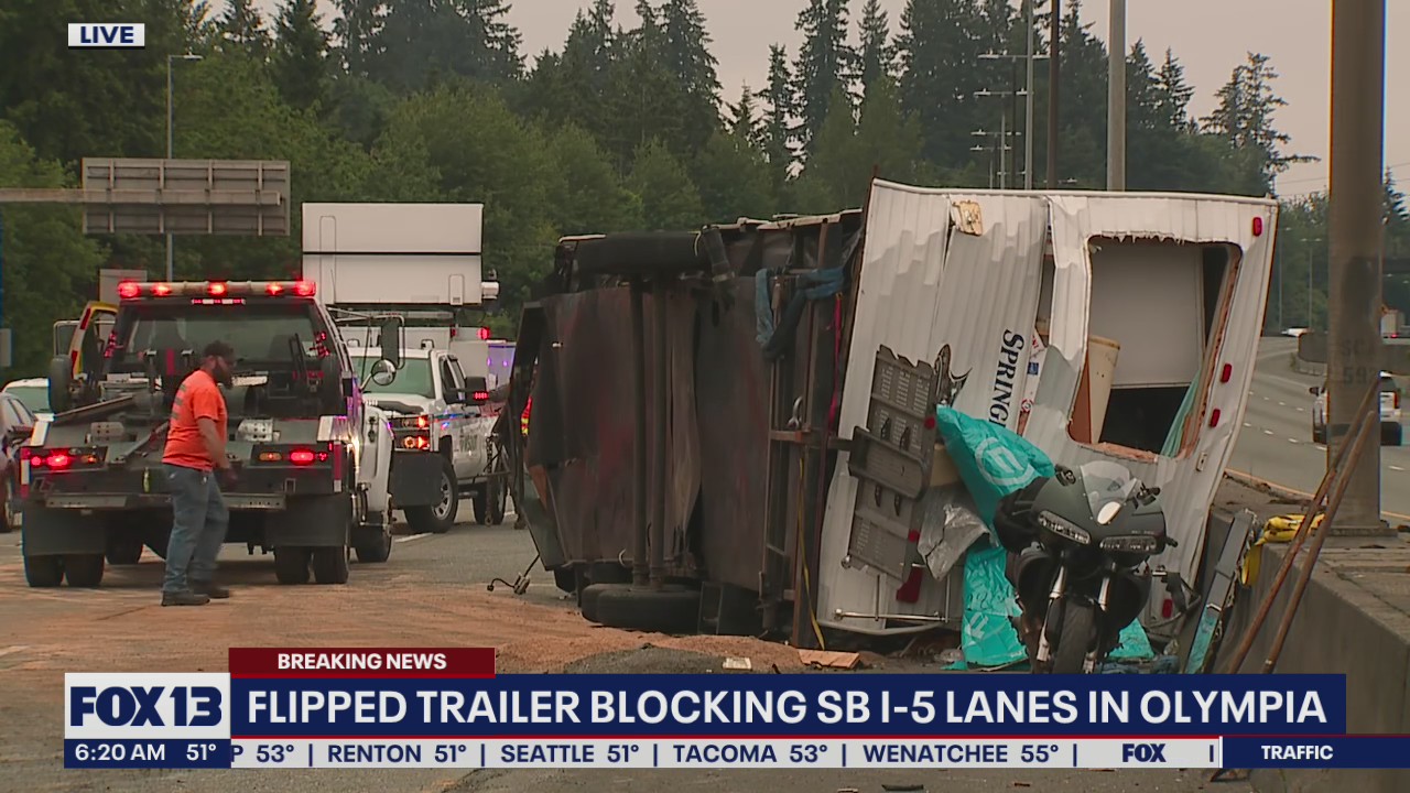 Flipped trailer blocking lanes of I-5 north in Olympia