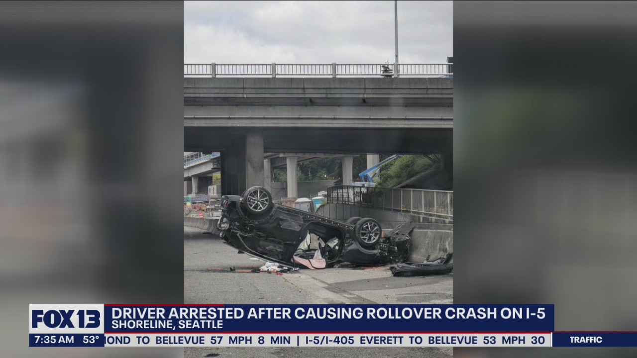 Driver arrested after causing rollover crash on I-5 in Shoreline