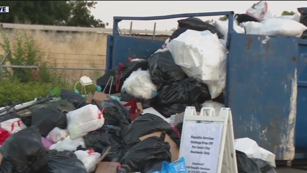 Union City Dumpster overflows with garbage amid nationwide strike
