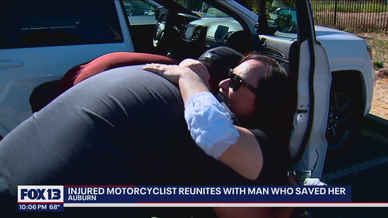 Injured motorcyclist reunited with man who saved her