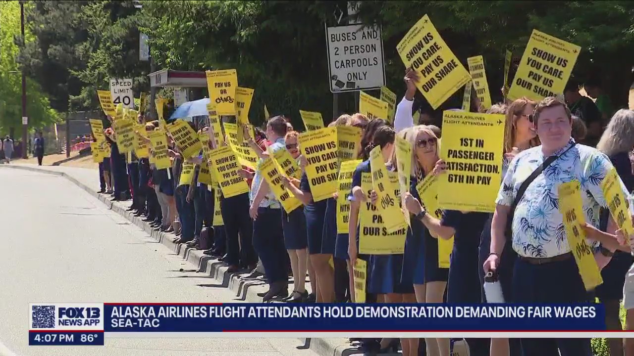 Alaska Airlines flight attendants hold demonstrations demanding fair wages