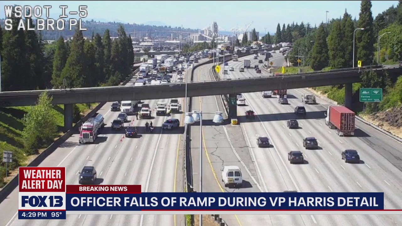 Bellevue motorcycle officer falls off ramp onto I-5 while on service duty for VP's Seattle visit