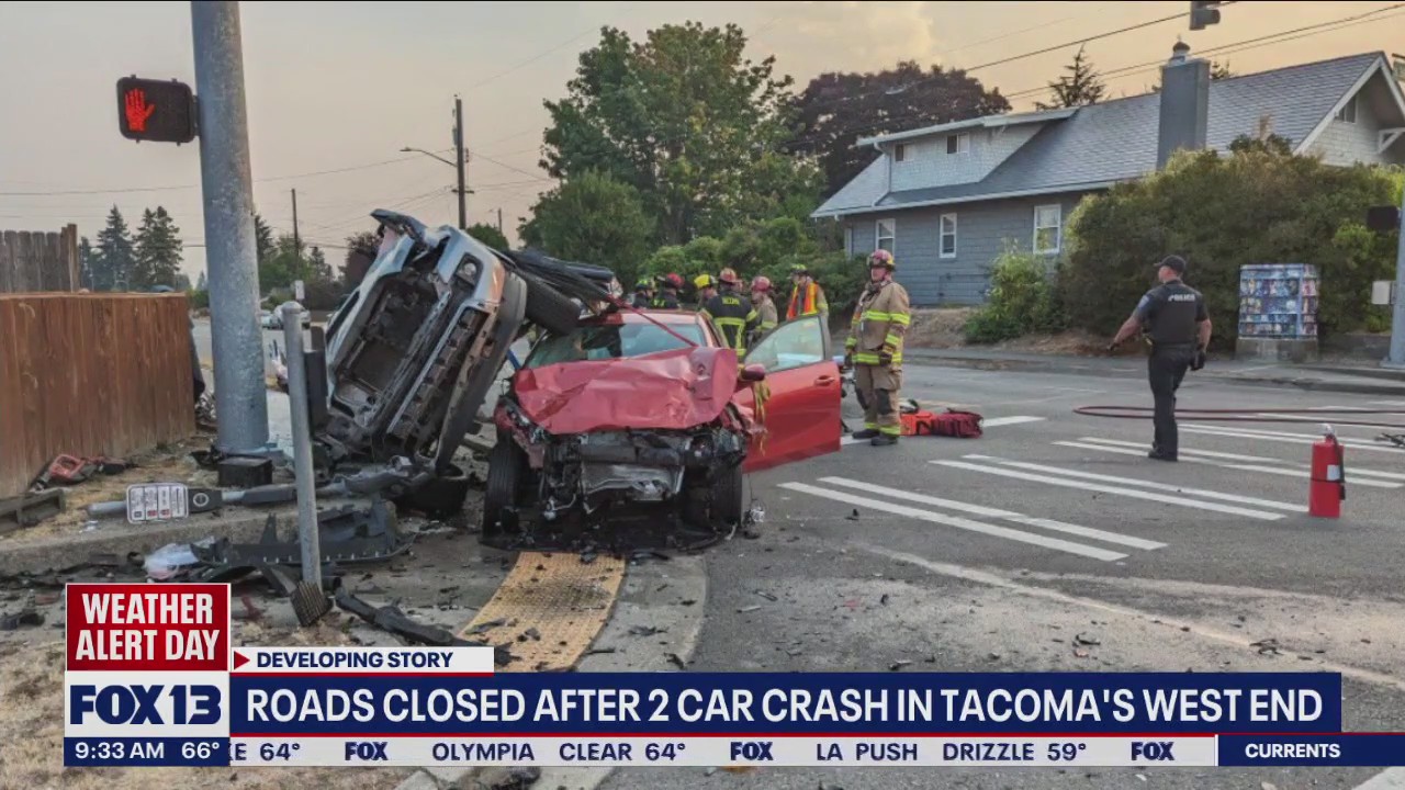 Roads closed after 2-car crash in Tacoma | FOX 13 Seattle