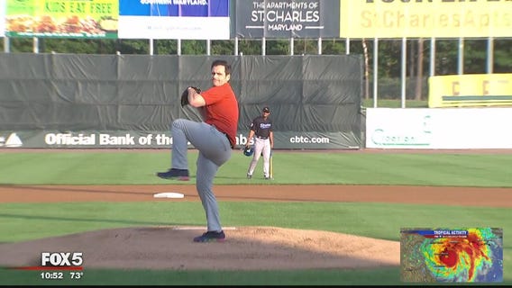 FOX 5?s Brody Logan throws 1st pitch for Southern Maryland Blue Crabs