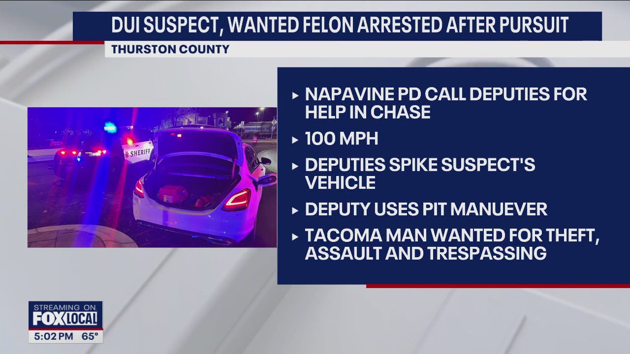DUI driver arrested after 100 mph pursuit ends in Tumwater | FOX 13 Seattle