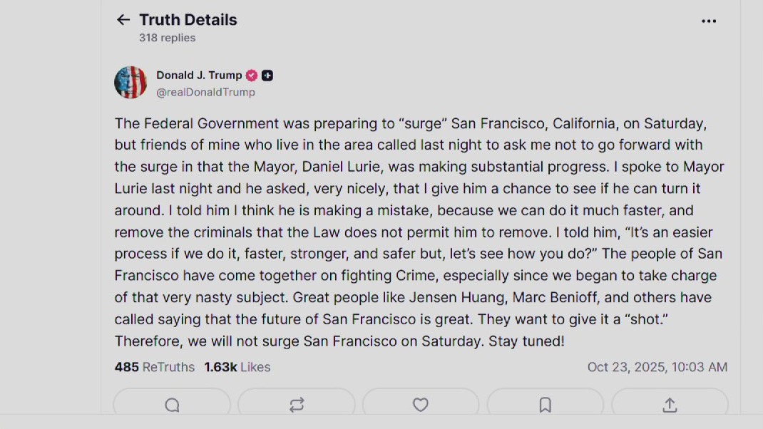 Trump says he's giving San Francisco a chance to 'turn it around'