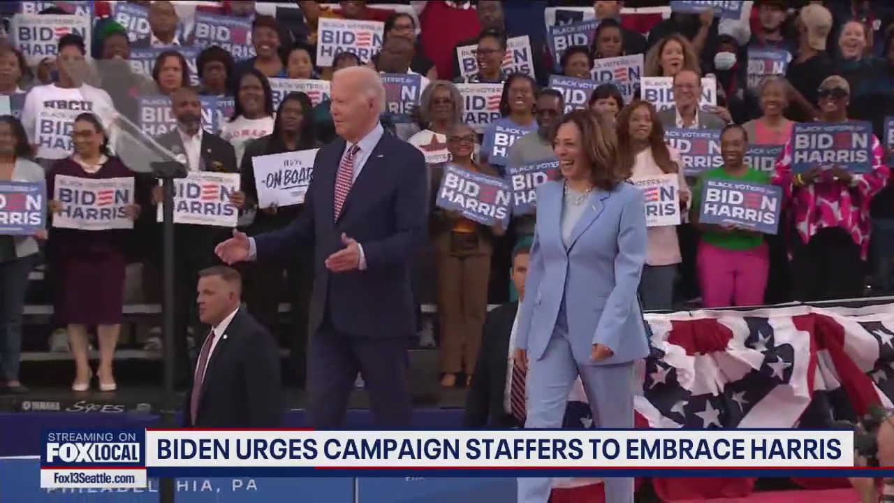 Biden urges campaign staffers to embrace Harris