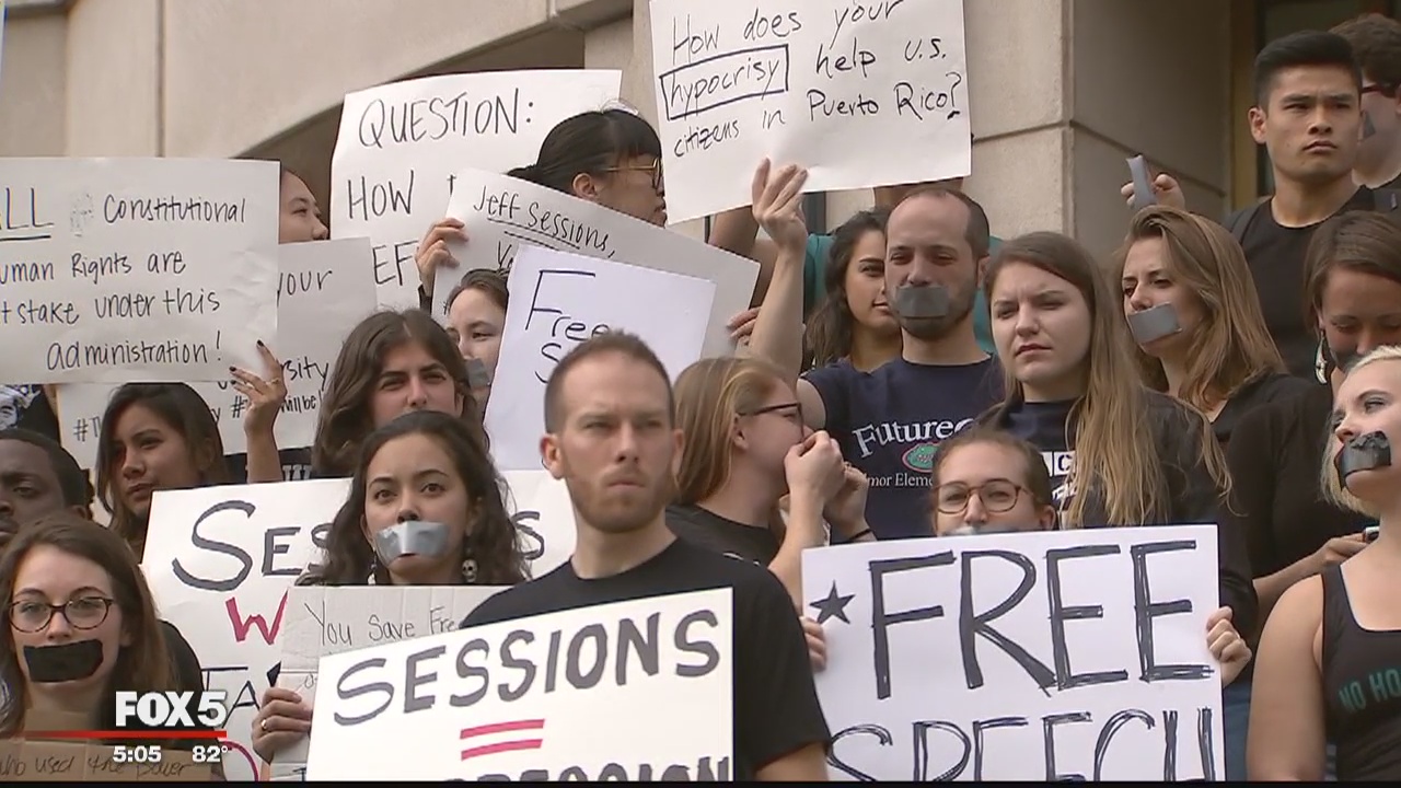 Demonstrators rally at Georgetown as Sessions deliver remarks on free speech on college campuses