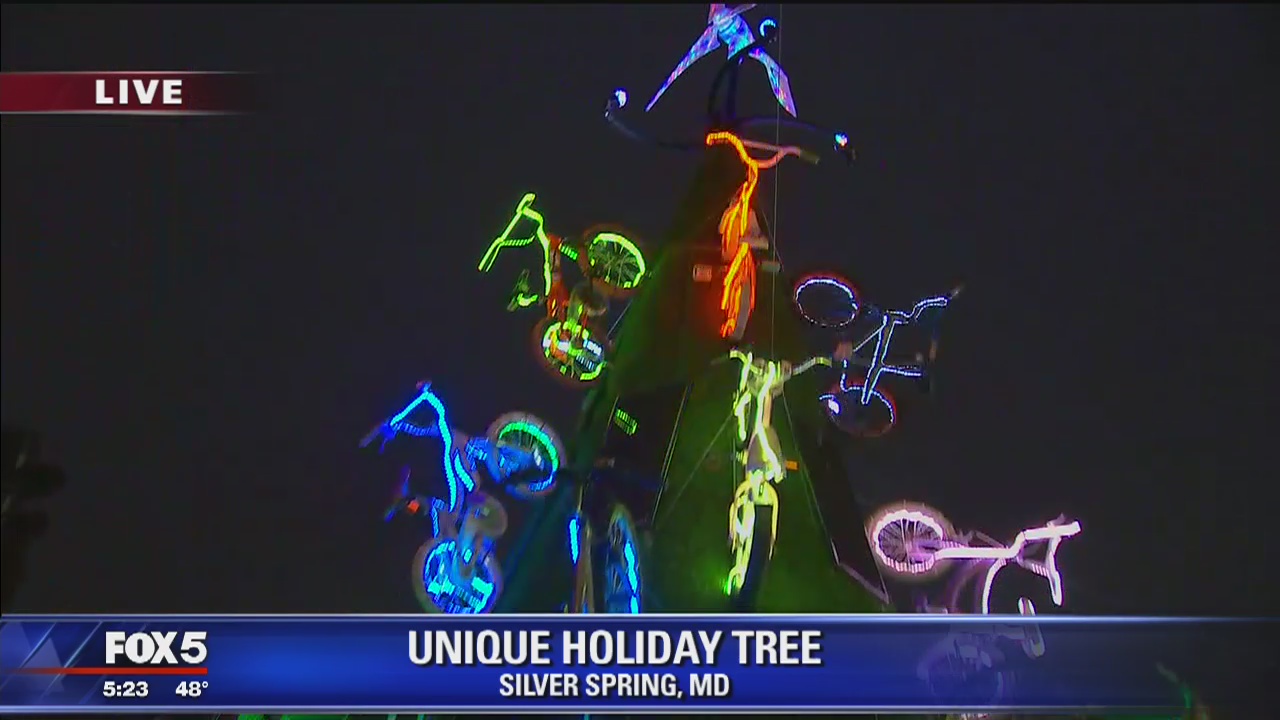 Holiday tree in Silver Spring powered by bicycles