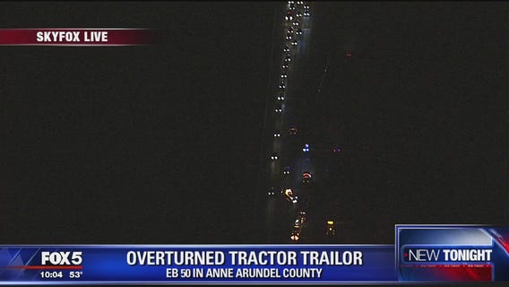 Tractor trailer overturns on US Route 50 in Anne Arundel County