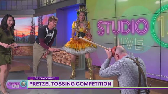 Pretzel tossing competition with Oktoberfest Queen Manuela Horn