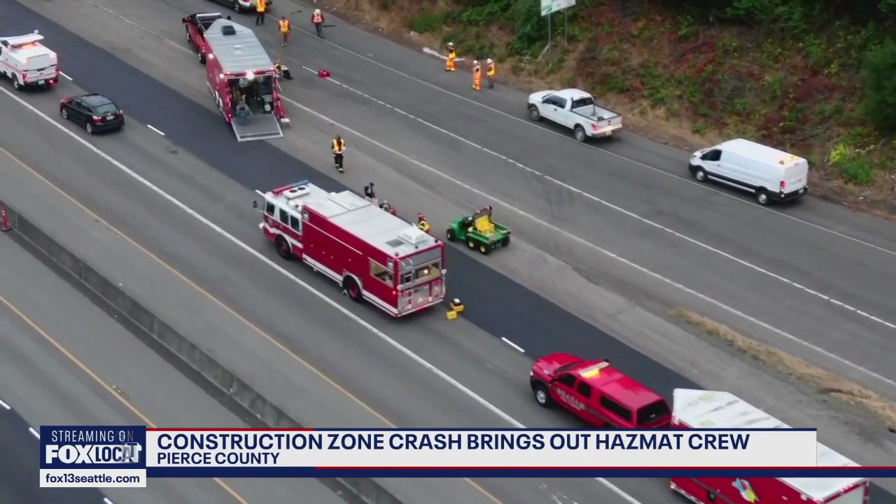 Construction zone crash closes Pierce County freeway after radioactive spill