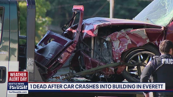 Car crashes into Everett, WA building, killing 1, hospitalizing another