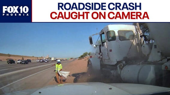 Video shows cement truck crashing into highway workers