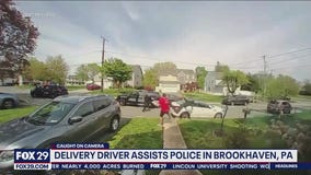 Caught on camera: Delco pizza delivery man trips suspect of police pursuit