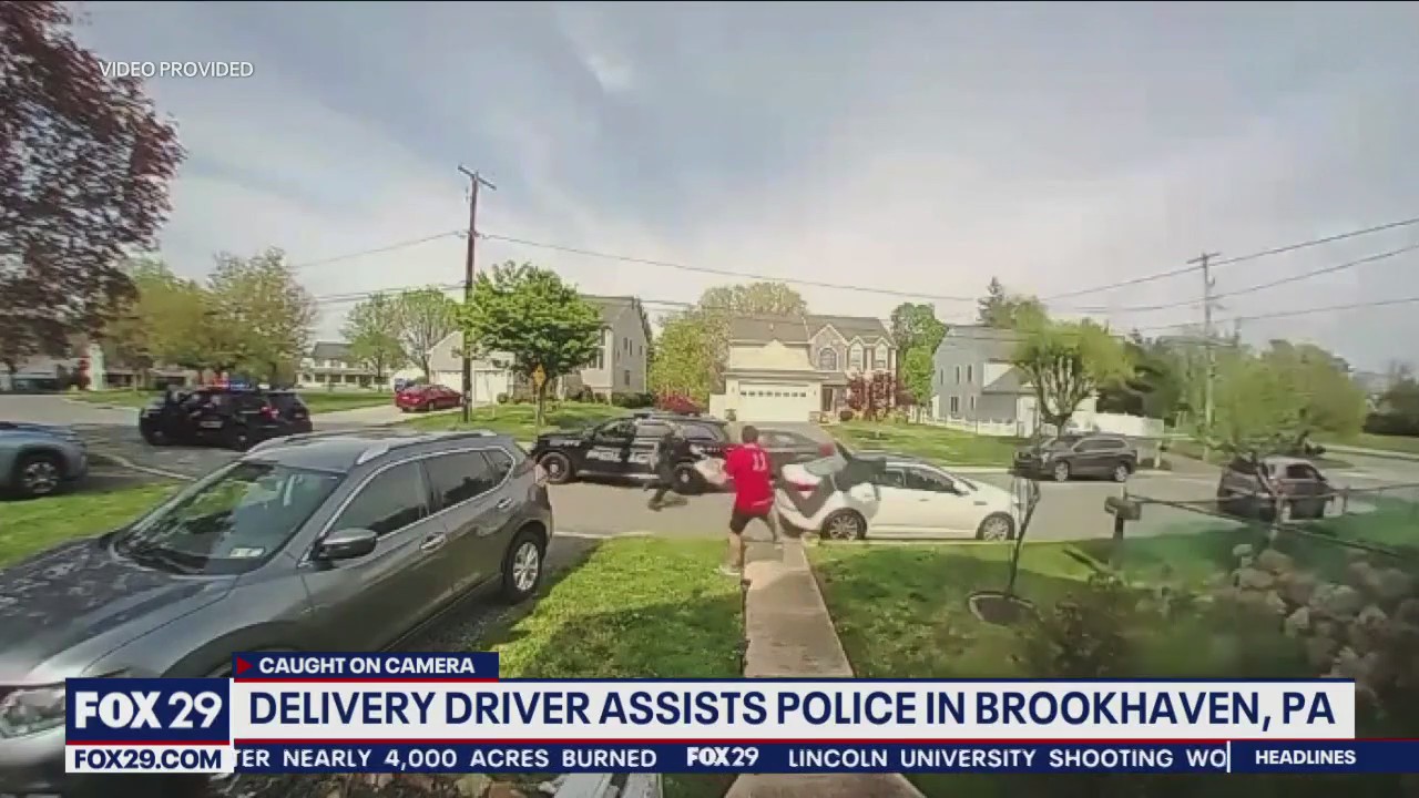 Caught on camera: Delco pizza delivery man trips suspect of police pursuit