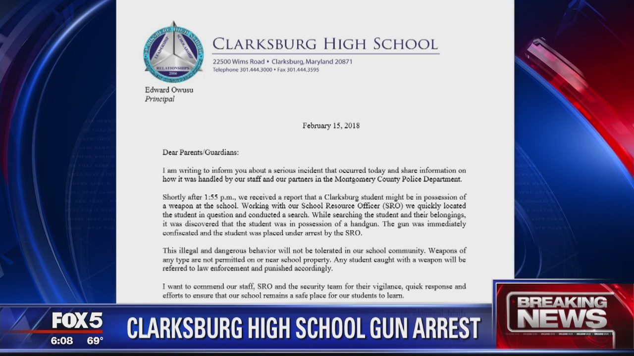 Clarksburg High School student arrested for having gun at school