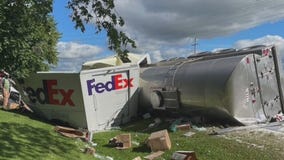FedEx truck, milk hauler collide; thousands of gallons of milk spilled