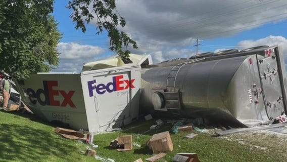 FedEx truck, milk hauler collide; thousands of gallons of milk spilled