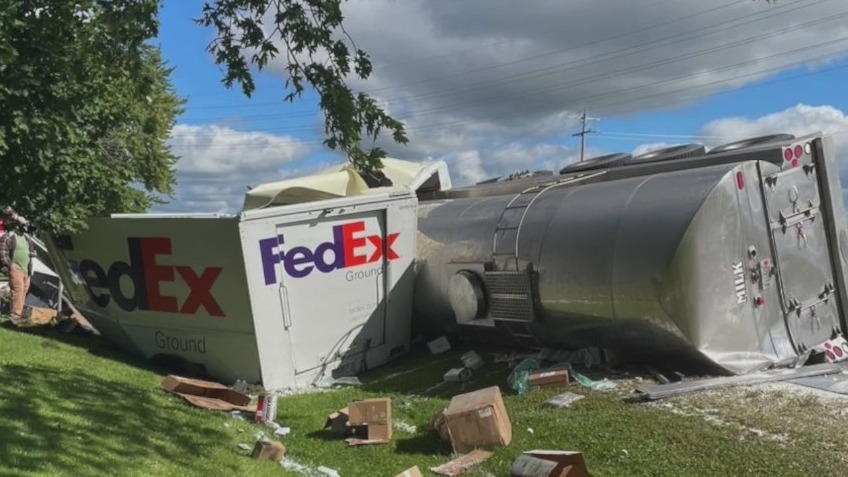 FedEx truck, milk hauler collide; thousands of gallons of milk spilled