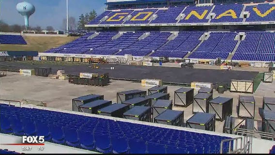 Workers begin to set up ice rink at Navy-Marine Corps Memorial Stadium for Capitals' Stadium Series game