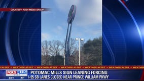 Powerful winds cause large Potomac Mills sign to lean