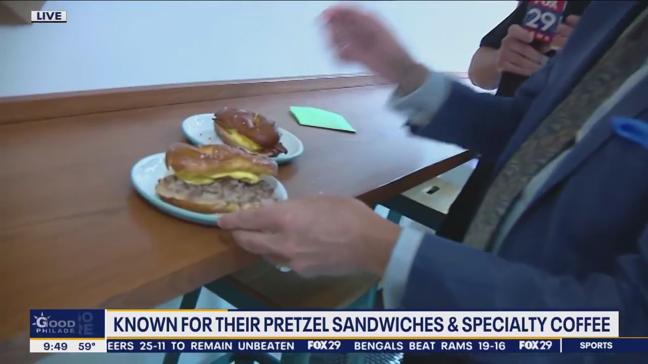 Pretzel sandwiches and specialty coffee at Rowhome Coffee in Kensington