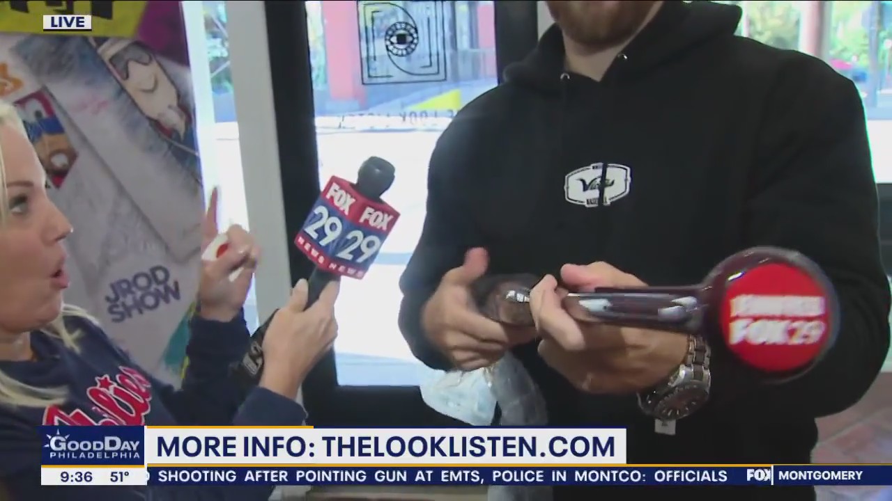 FOX 29 sticker placed on Phillies bat for playoff game at Citizens Bank Park