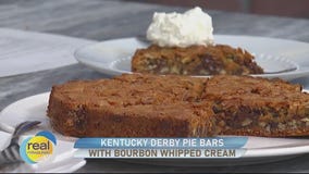 Kentucky Derby pie bars with bourbon whipped cream